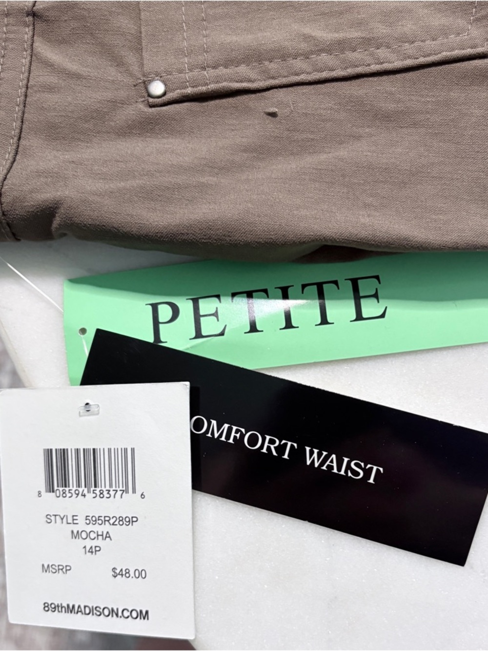 89th & Madison Straight Leg Pants Comfort Waist Stretch Color: Mocha Size 14P - Picture 5 of 6